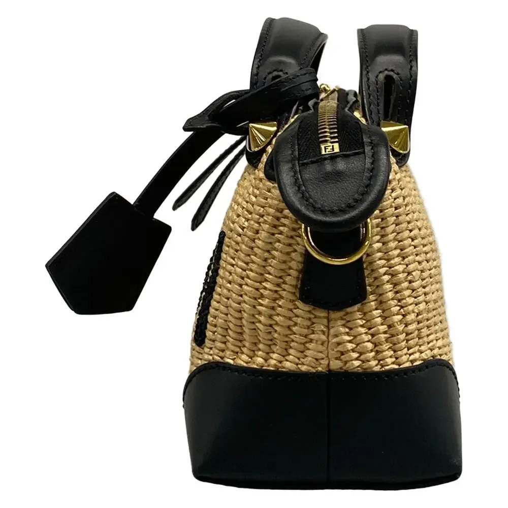 Fendi Mini By The Way Handbag 8BL145 Beige Black Straw Leather